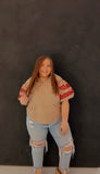 Bad Ideas - Brown and Red Boot Stitch Puff Sleeve Blouse