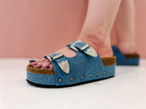 Buckle Up Studded Denim Platform Sandal