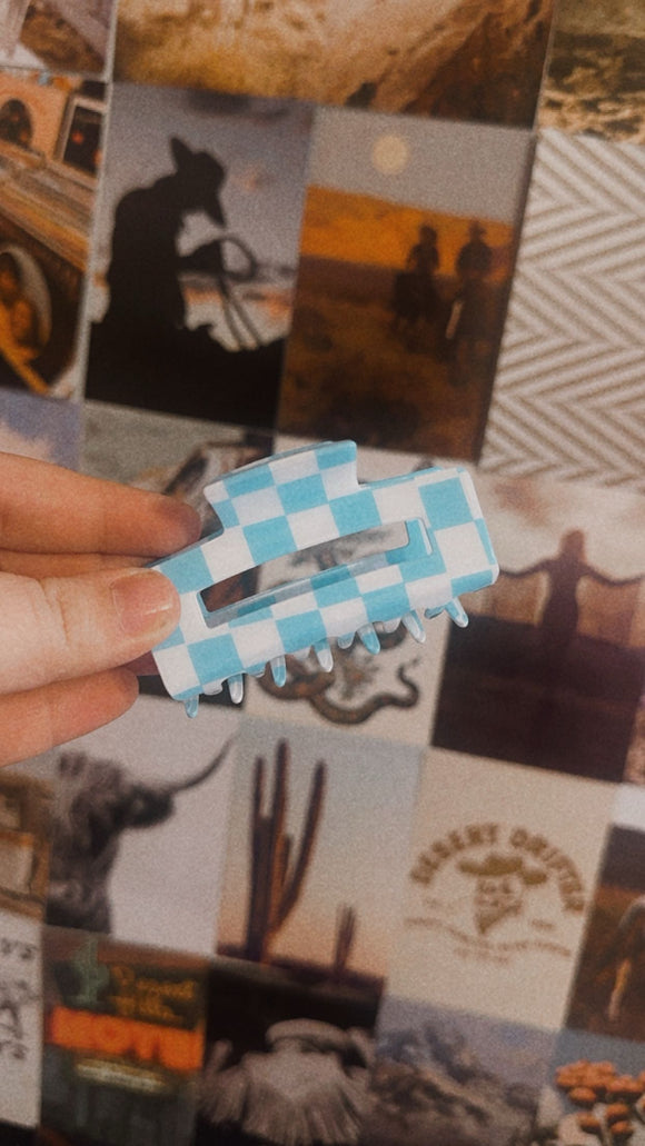 Blue & White Checker Print Claw Clip
