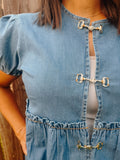 Rodeo Doll Stretchy Peplum Denim Blouse With Snaffle Bit Buttons