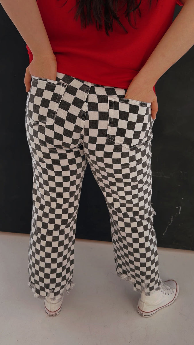 Double Dare Faded Checker Print Distressed Denim – The Tailgate Boutique