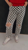 Double Dare Faded Checker Print Distressed Denim