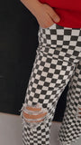 Double Dare Faded Checker Print Distressed Denim