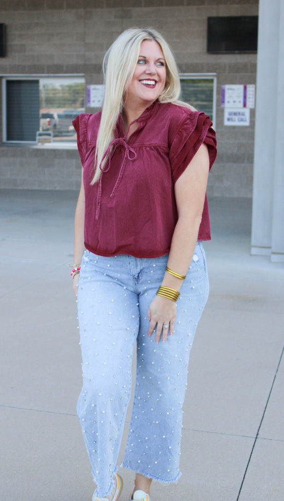 The Thankful Blouse - Color Wash Burgundy Denim Blouse (Copy)