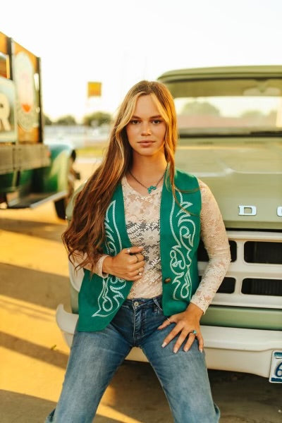 Turquoise Tail Lights Boot Stitch Embroidered Suede Vest