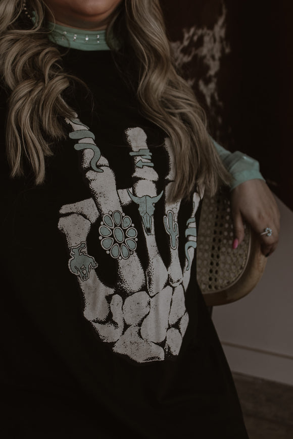 Bury Me in Turquoise Skeleton Hand Graphic Tee
