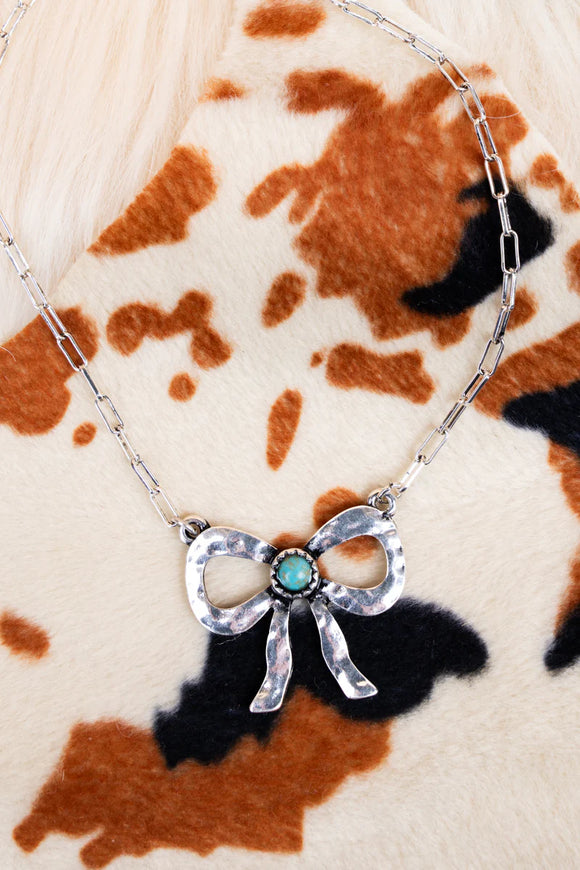 Bow Necklace Teal and SIlvertone Bow Necklace