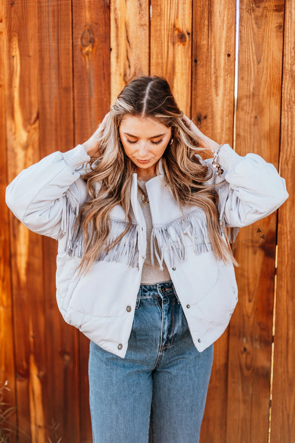 Grey Fringe Western Puffer Coat - S - 3X (Copy)